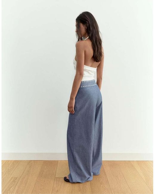 Pull&Bear Blue Wide-leg Jeans With Studs