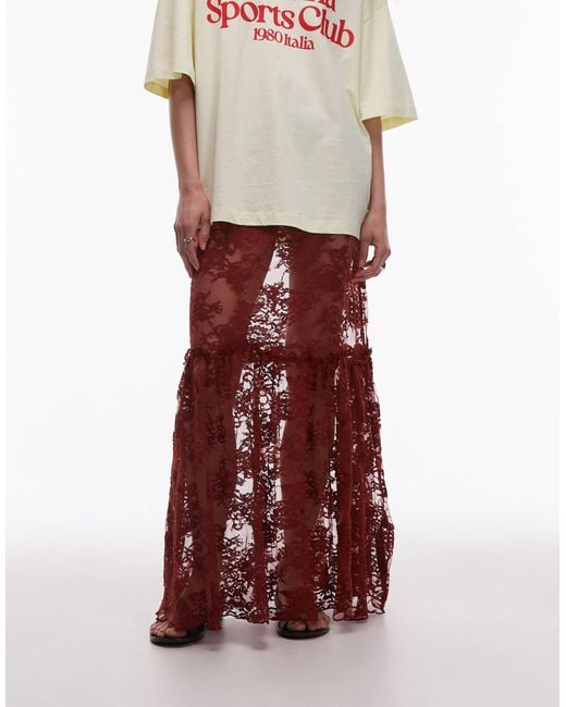 TOPSHOP Red Ruffle Seam Sheer Lace Maxi Skirt