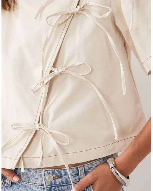 Ghospell White Cotton Asymmetric Bow Detail Boxy Short Sleeve Top
