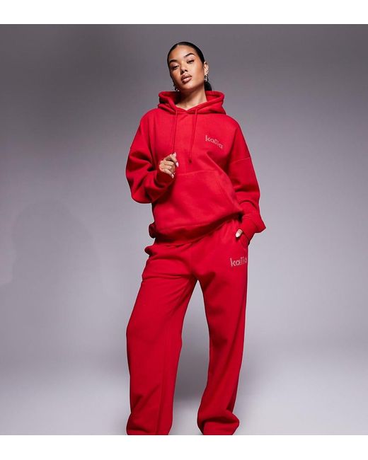 Kaiia Red Exclusive Cotton Rich Diamante Logo Wide Leg joggers Co-ord