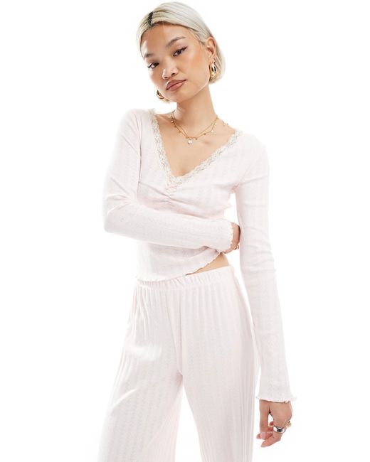 Miss Selfridge White Lace Trim Pointelle Long Sleeve Top