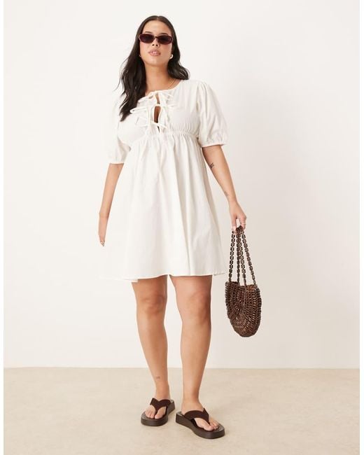 Esmee Curve White Exclusive Puff Sleeve Tie Front Mini Beach Dress