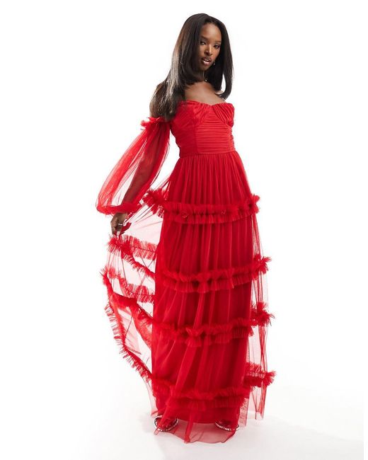 LACE & BEADS Red Long Sleeve Ruffle Maxi Dress