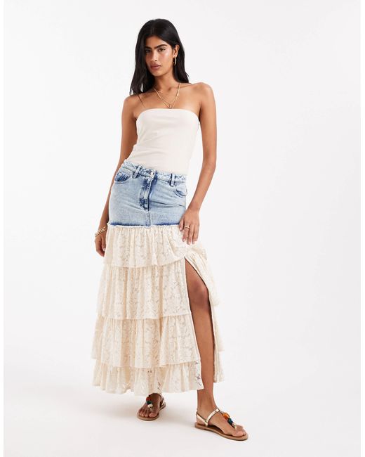 Miss Selfridge White Lace Contrast Denim Maxi Skirt