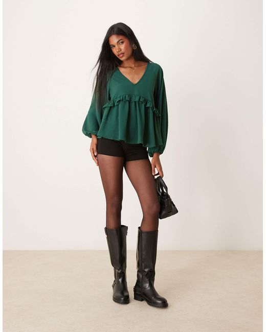 ASOS V Neck Smock Top With Ruffle in Green Lyst