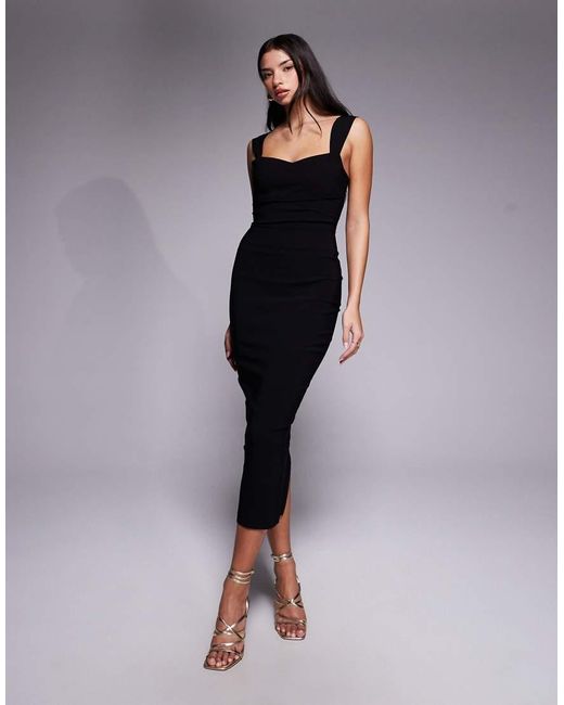 Vesper Black Bengaline Sweetheart Neckline Ruched Front Midaxi Dress