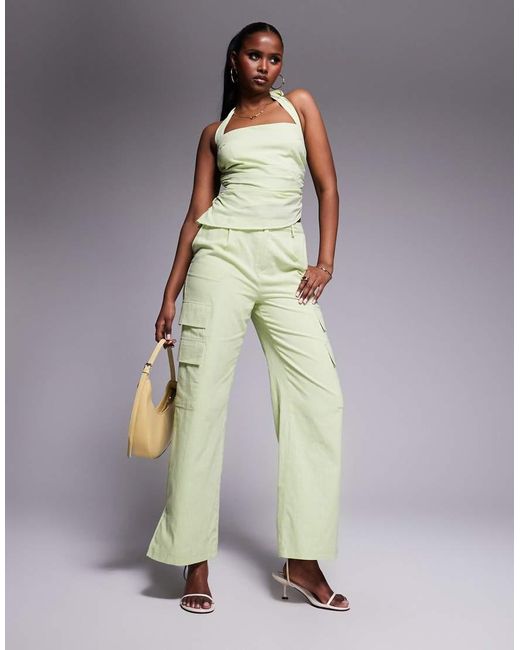 Kaiia Green Exclusive Linen Look Square Halterneck Drape Detail Asymmetric Top Co-ord
