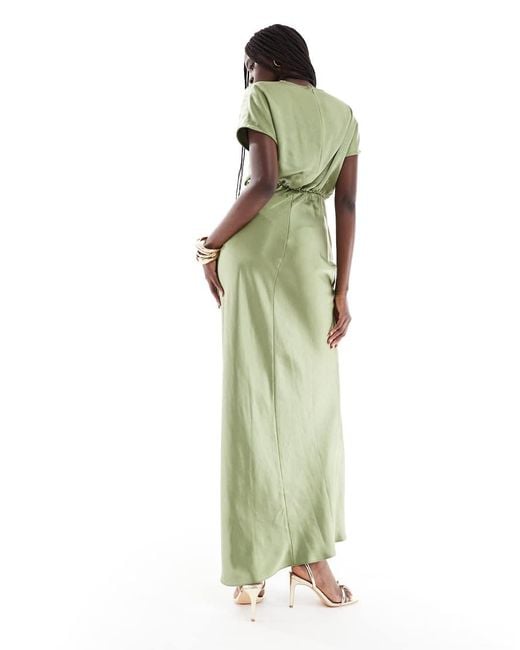 Six Stories Green Bridesmaid Ruched Drape Satin Maxi Dress