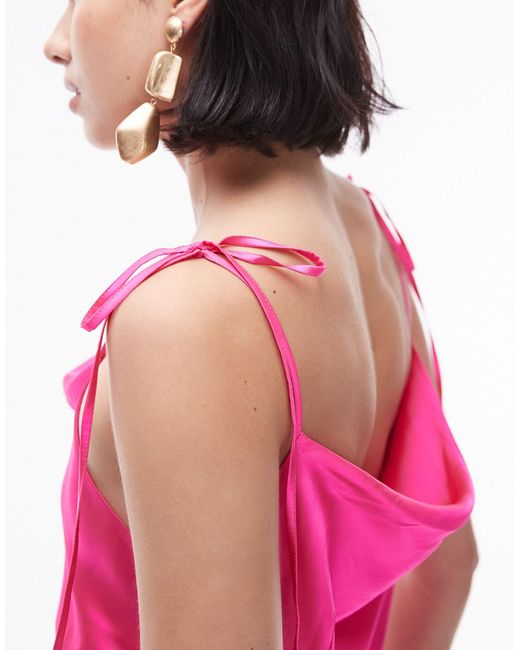 TOPSHOP Pink Cowl Neck Tie Shoulder Midi Slip Dress