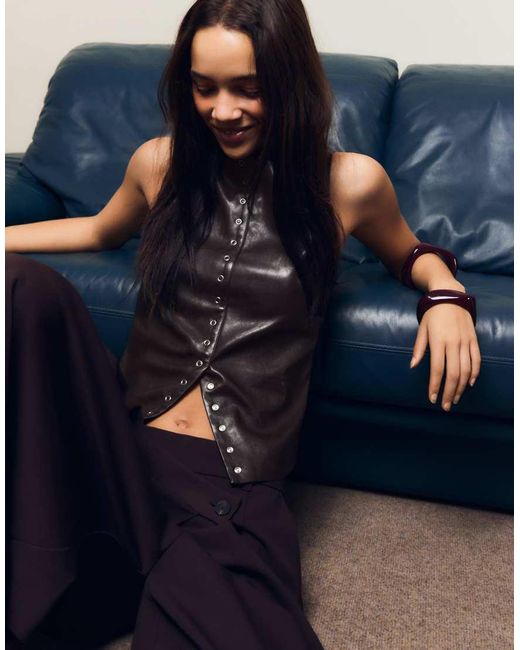 Bershka Blue Leather Effect Studded Top