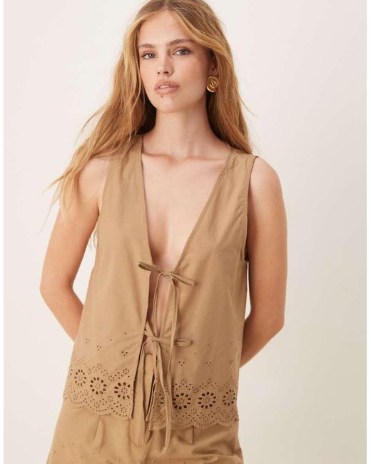Vila Natural Cutwork Embroidered Poplin Tie Front Vest Co-ord
