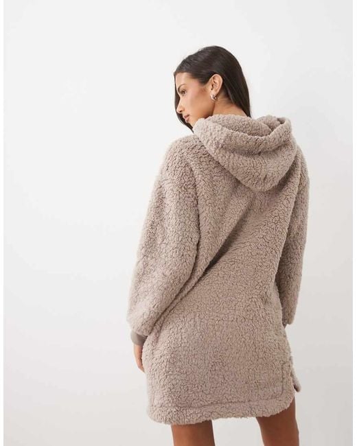 DKNY Natural Sherpa Long Sleeve Hooded Zip Robe