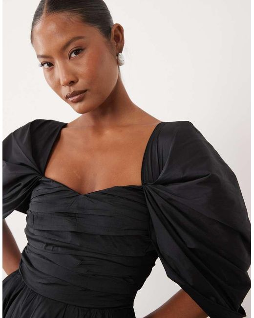 LACE & BEADS Black Taffeta Puff Sleeve Sweetheart Neck Gown