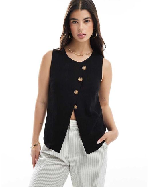 ASOS Black Linen Look Asymmetric Button Front Waistcoat