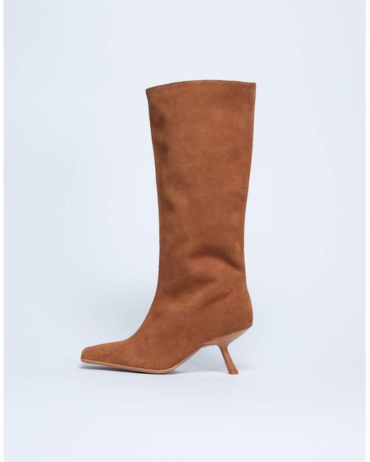 TOPSHOP Brown Scarlett Premium Suede Leather Square Toe Knee High Boot