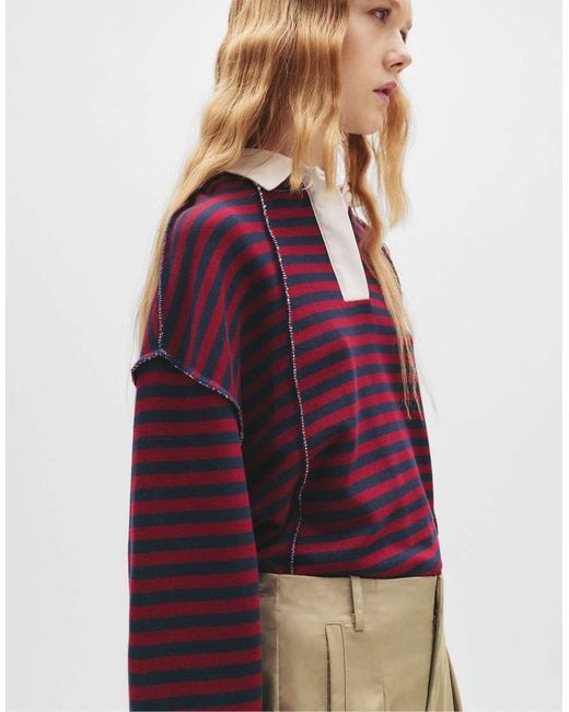Felpa A Righe Con Colletto Stile Polo di Pull&Bear in Red