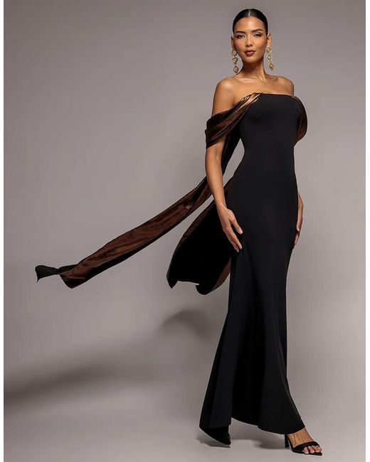 Goddiva Gray Off The Shoulder Mirror Foil Angel Wing Cape Maxi Dress
