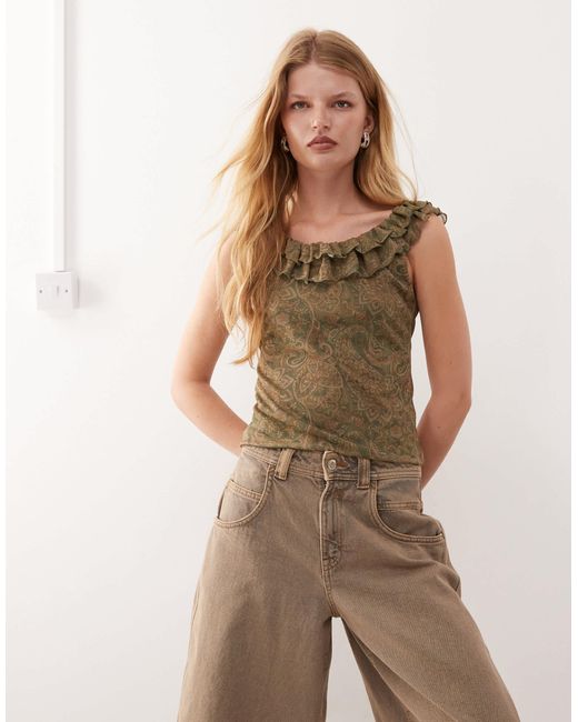 Reclaimed (vintage) Brown Ruffle Detail Mesh Paisley Print Top