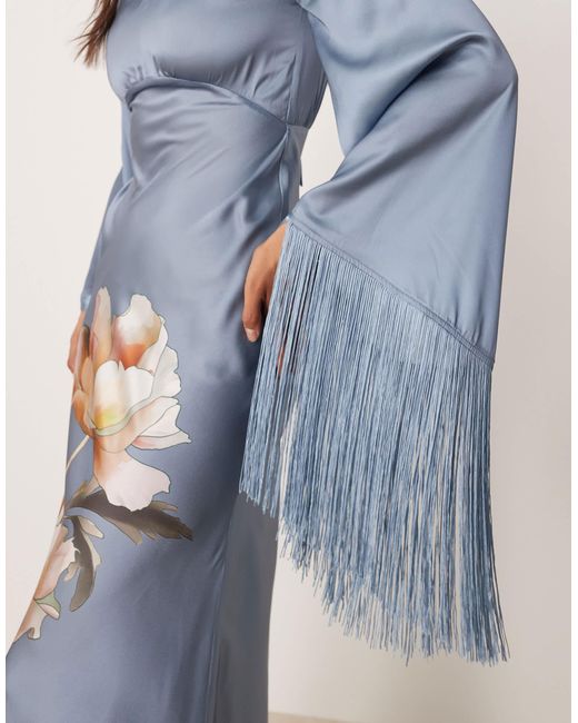 ASOS Blue Draped Neck Satin Bias Maxi Dress With Fringe Sleeve Detail