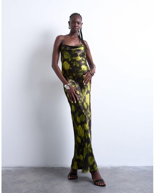 TOPSHOP Brown – maxi-trägerkleid mit wasserfallausschnitt und grunge-blumenmuster