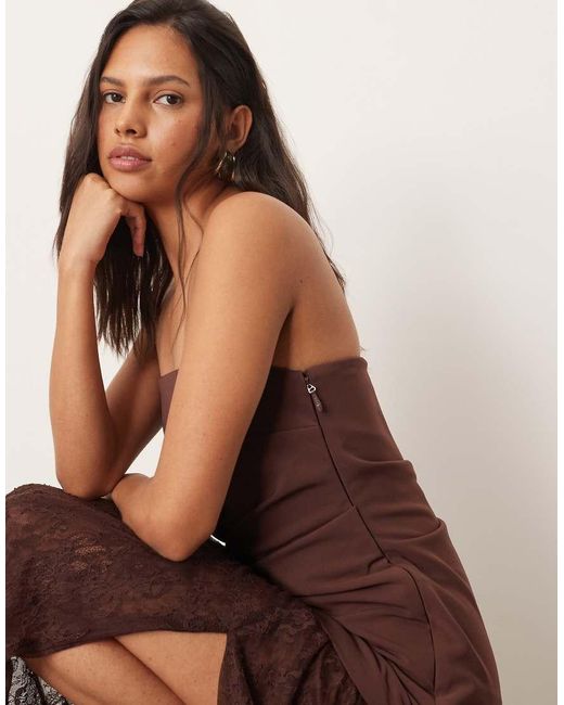 ARRANGE Brown Longline Asymmetric Bandeau Maxi Dress With Lace Skirt