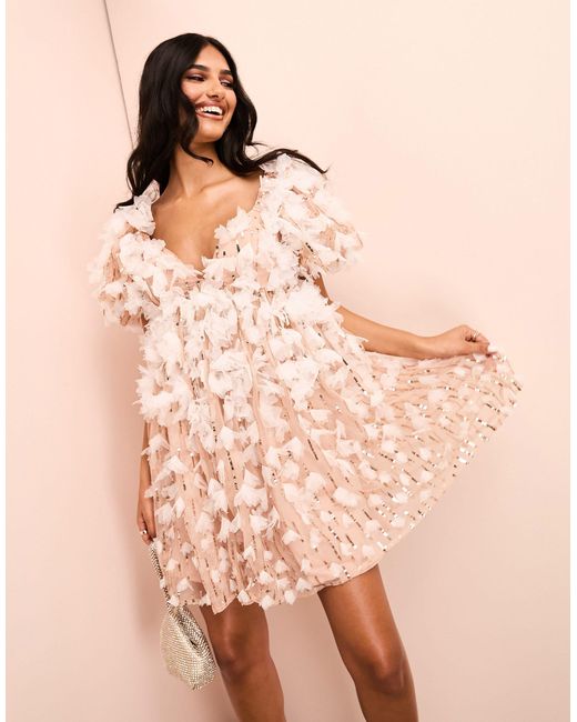 ASOS Pink 3d Floral Ruffle Babydoll Mini Dress With Sequins