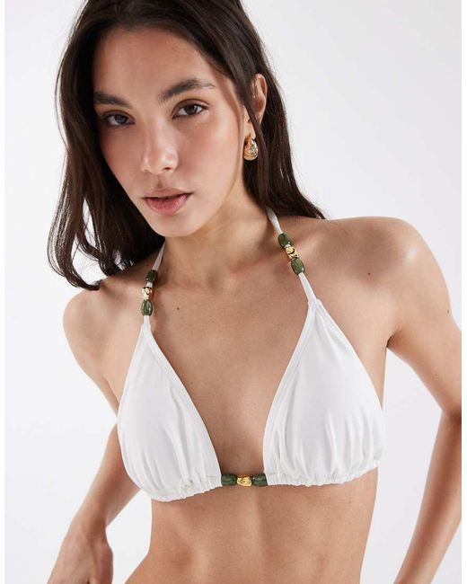 4th & Reckless Natural Bead Detail Halterneck Triangle Bikini Top Co-ord