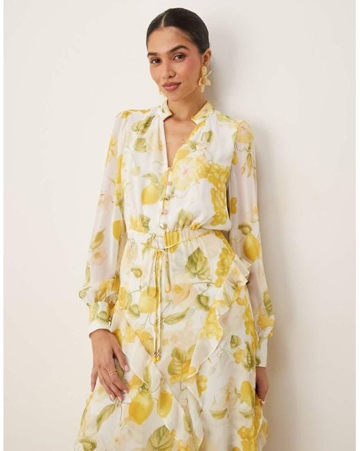 Vestito Con Stampa Di Limoni, Gonna Al Polpaccio E Volant Asimmetrici di Forever New in Yellow