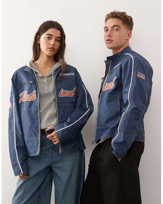 Reclaimed Vintage Blue Unisex Nylon Motor Jacket With Logo Badges And Embroidery