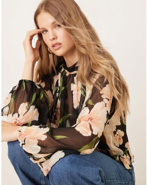 Mango Blue Sheer Round Neck Long Sleeve Blouse
