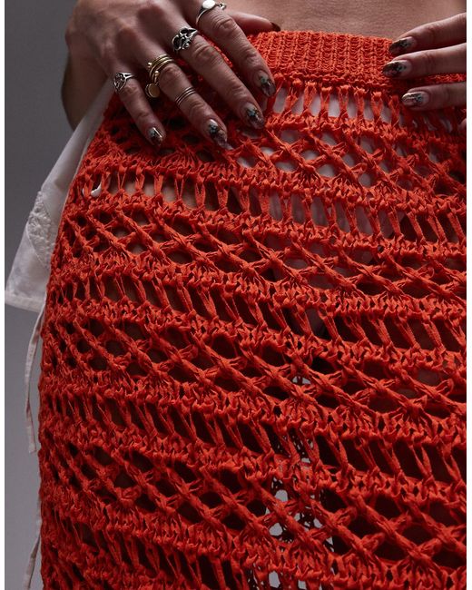 TOPSHOP Red Knitted Crochet Stitch Maxi Skirt