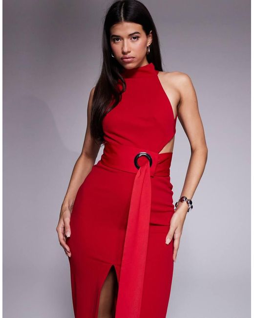 ASOS Red Halter Maxi Dress With Slit And Knot Belt