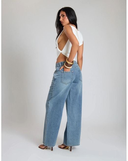 Missy Empire Blue Vintage Wash Denim Drawstring Wide Leg Jean
