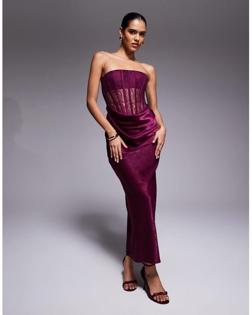 ASOS Lace Corset Detail Maxi Dress With Satin Draped Skirt in Red | Lyst