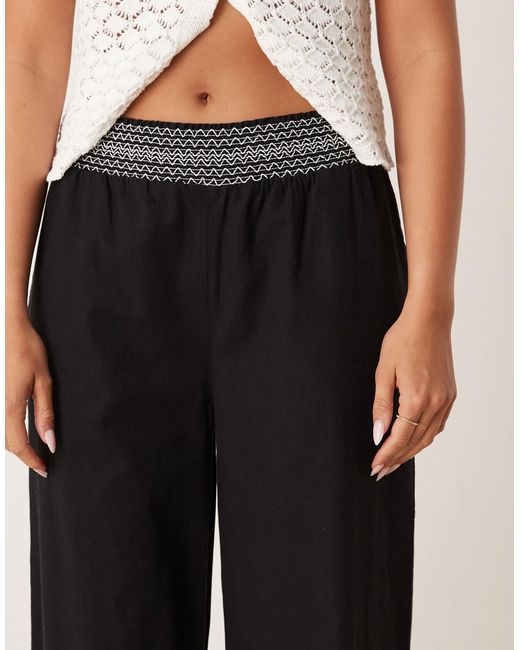 ASOS Black Linen Blend Pull On Wide Leg Trousers With Shirred Waist Detail