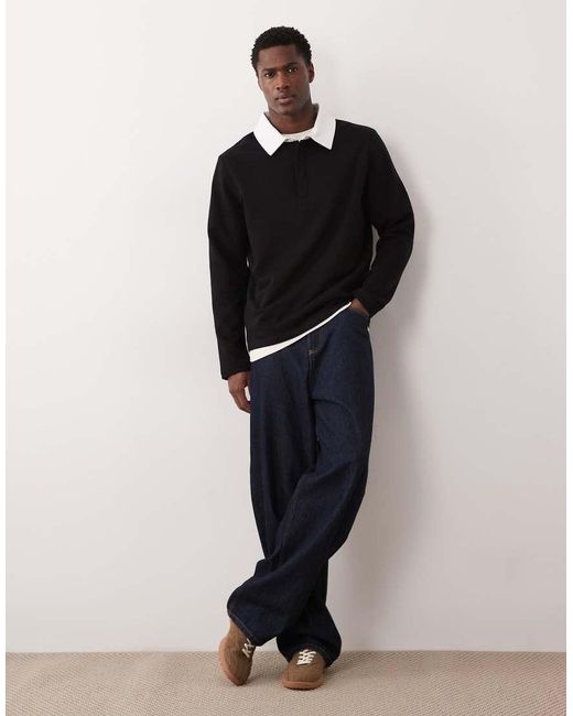 ASOS Black Polo Sweatshirt With Contrast Collar for men
