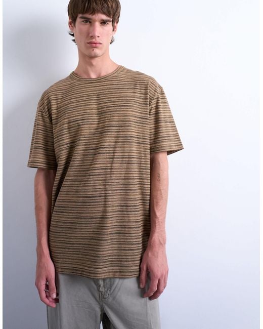 Topman Brown Oversized Fit Knitted Stripe T-Shirt for men