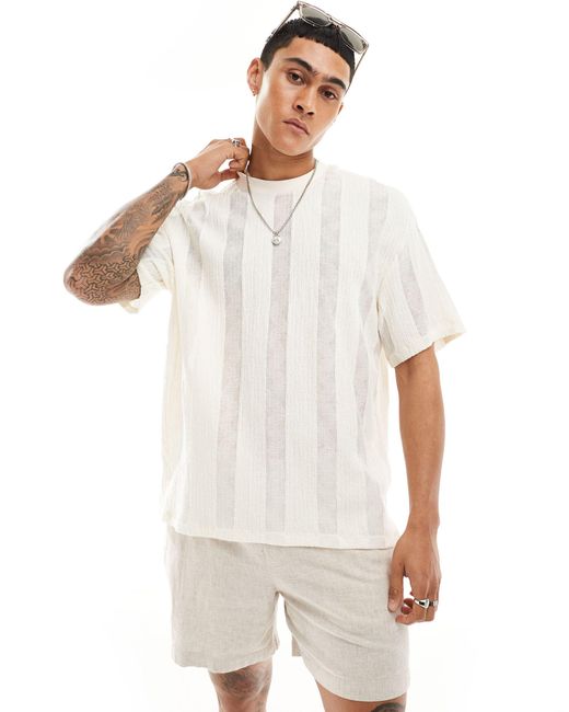 Bershka White Textured Stripe T-shirt for men