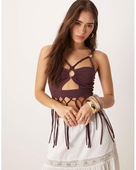 ASOS Purple Twist Strap Ruched Front Fringed Cami Top
