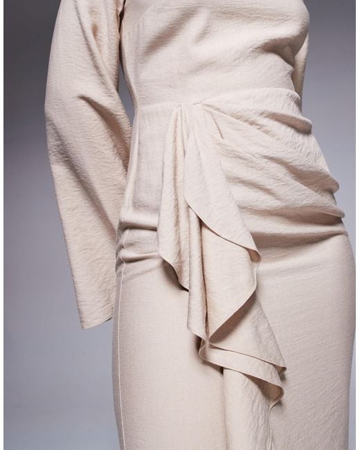 ASOS Long Sleeve Linen Maxi Dress With Ruffle Skirt in Natural | Lyst