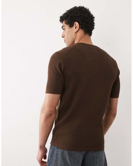 ASOS Brown Essential Fine-rib Knit Henley Neck T-shirt for men