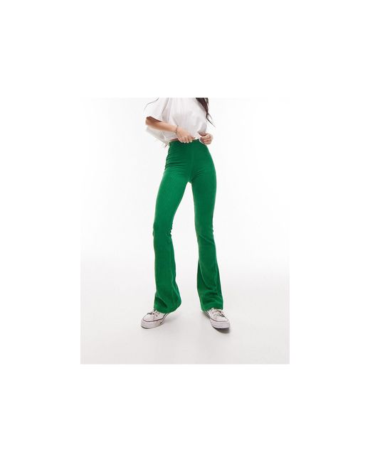 TOPSHOP Green Stretchy Velvet Cord Flared Trouser
