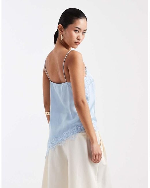 New Look Blue Longline Asymmetric Lace Trim Satin Cami Top
