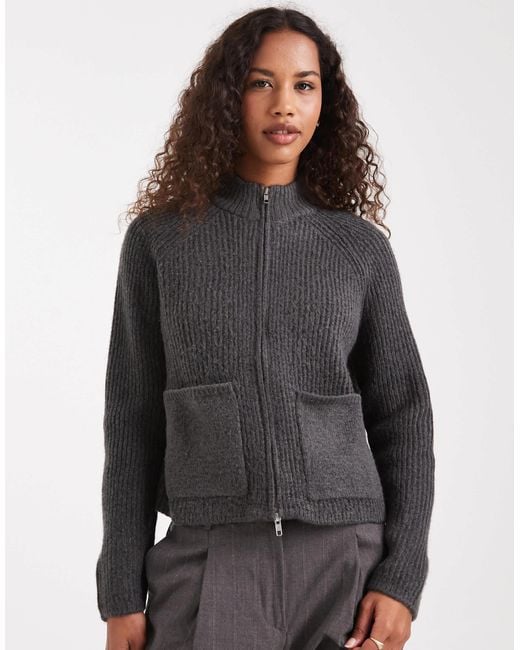 ASOS Gray Knitted Fisherman Rib Bomber Jacket With Pocket Detail