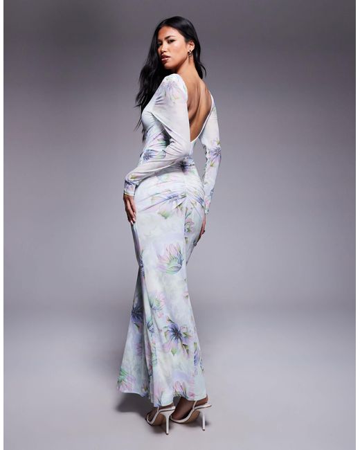 ASOS Blue Mesh Long Sleeve Slash Neck Open Back Maxi Dress With Sash