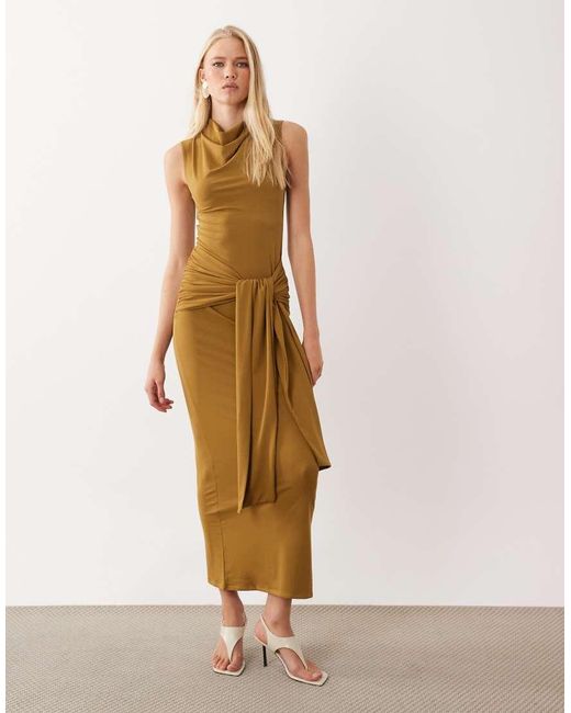 ASOS Natural Halterneck With Tie Detail Midi Dress