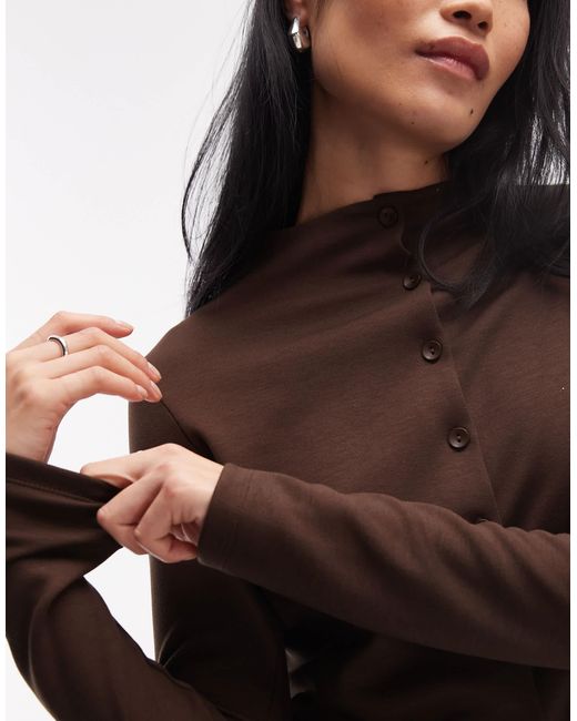 ASOS Brown Long Sleeve Buttoned Front Top