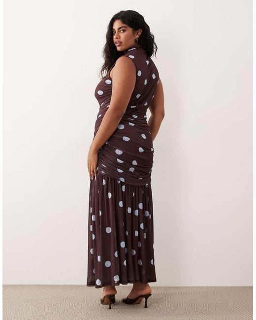 ASOS Brown Asos Design Curve Printed Polka Dot Ruched Drop Waist Circle Dress With Grown On Neck