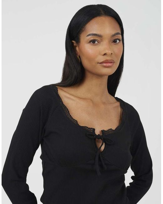 Brave Soul Black Ribbed Long Sleeve Top With Lace Trim