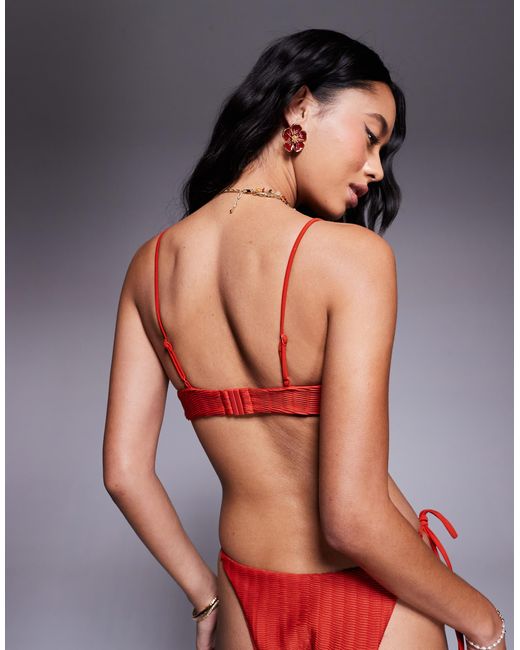 ASOS Pink Polly Shirred Crop Bikini Top With Ring Detail